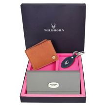WILDHORN Premium Leather Ladies Wallet, Mens Wallet and Keychain Gift -1K_GR_2052TA_K (Set of 3)