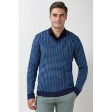 Peter England Men Blue Print V Neck Sweater