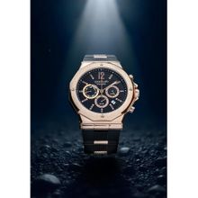 Qorum Kronos Men's Chronograph Black Dial Rose Gold Case Watch (G131 Kronos-Black Dial Gold) (M)