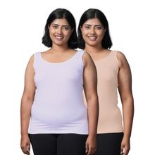 Adira Plus Size Inner Tank Style Camisole with Wide Shoulder White & Beige (Pack of 2)