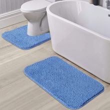 OBSESSIONS Anti-Skid Polyester Bath Mat and Contour Mat, Blue (Set of 2)