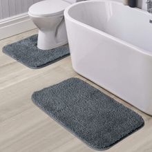 OBSESSIONS Anti-Skid Polyester Bath Mat and Contour Mat, Grey (Set of 2)