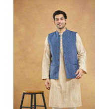 Fabindia Men Navy Cotton Stripes Printed Nehru Jacket