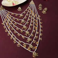 Zaveri Pearls Gold Tone Layered Kundan & Pearls Bridal Long Necklace Earring & Ring Set-ZPFK10817