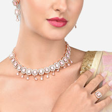 Zaveri Pearls Pink Dazzling Stones Sleek Choker Necklace Earring & Ring (Set Of 3)