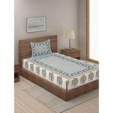 Rajasthan Decor White & Blue Floral Print 144 TC Cotton Bed Sheet with 1 Pillow Cover (Single)