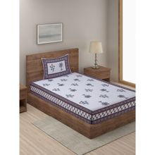 Rajasthan Decor White & Indigo Motif Print 144 TC Cotton Bed Sheet with 1 Pillow Cover (Single)