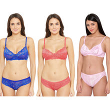 N-Gal Non Padded Wirefree Lace Bra & Hipster Panty Lingerie Set-Combo of 3 - Multi-Color