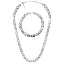 OOMPH Silver Tone Thick Cuban Link Chain Fashion Necklace Chain & Bracelet