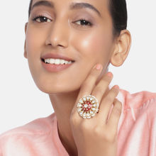 Peora Meenakari Gold Plated Round Kundan Studded Red Adjustable Finger ring (PF37R168R)