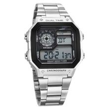 Sonata Sf Hexa Metal Digital Black Dial Stainless Steel Strap Watch for Unisex (M)