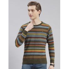 Monte Carlo Mehndi Olive Striped Round Neck Sweater