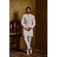 Nitika Gujral Ivory Raw Silk Sherwani Short Self Embroidery Kurta with Pants and Jacket