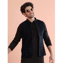 KISAH Men Navy Blue Velvet Embroidered Ethnic Nehru Jacket