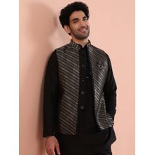 KISAH Men Black and Gold Striped Nehru Jacket