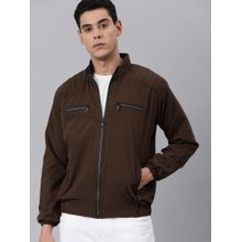 Voxati Men Brown Polyester High Neck Solid Bomber Jacket
