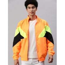 Voxati Men Orange Polyester High Neck Colorblock Windcheater Jacket