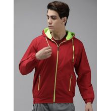 Voxati Men Red Polyester Hooded Solid Windcheater Jacket