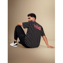 WROGN Puff Print Striped Black Oversized Fit T-Shirt