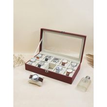 The Big Trove 10 Slot Burgundy Leatherette Watch Organizer Box For Wardrobe Closet