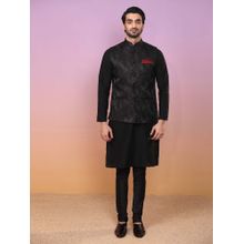 KISAH Black Jacquard Floral Jacket with Kurta and Churidar