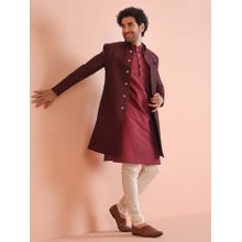 KISAH Maroon Silk Blend Indo-Western Sherwani with Trouser with Jacquard Jacket