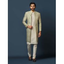 KISAH Cream Silk Blend Indo-Western Sherwani with Jacquard Jacket & Churidar
