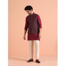 KISAH Wine Silk Blend Printed Jacket with Kurta & Trouser