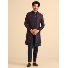 KISAH Navy Maroon Silk Blend Jacquard Jacket Sherwani with Trouser