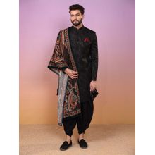 KISAH Mens Black Jacquard Sherwani & Dhoti with Dupatta