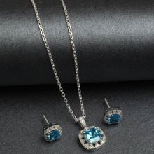 CLARA 925 Rhodium Plated Swiss Zirconia Sky Blue Cushion Pendant Earring Chain Set