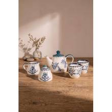Freedom Tree Handpainted Teal Ceramic Milk Pot, Sugar Pot, Tea Pot & 2 Kulhar