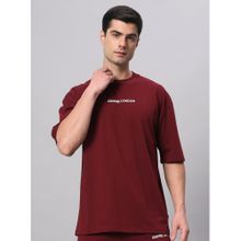 Griffel Maroon Basic Logo Drop Shoulder Oversized Maroon T-Shirt