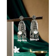 Zaveri Pearls Silver Antique Tone Elephant Oxidised Pearls Dangler Earring-ZPFK21807