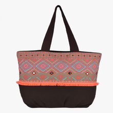 Pick Pocket Brown Printed Shopping Bag With Mirror Work & Ornage Tassels