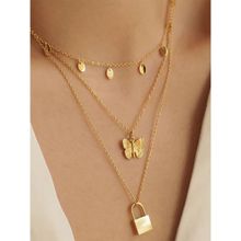Toniq Buttefly Kisses Gold Layered Star Butterfly & Padlock Charm Necklace For Women - Osxxin02