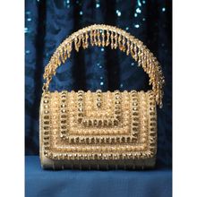Anekaant Coffer Beige & Gold Stone Work Embellished Suede Foldover Clutch