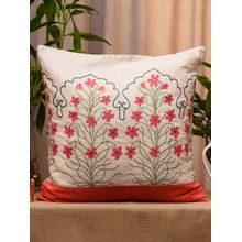 Zeba World Beige Floral Embroidered & Patchwork Linen Cushion Cover (20 x 20 Inches)