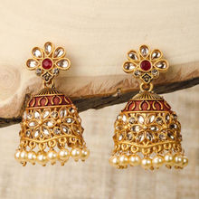 Priyaasi Red Beads Kundan Gold Plated Jhumka Earring