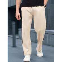 Styli Mens Beige Cotton Side Contrast Open Hem Relaxed Fit Trackpant with Zip Pockets