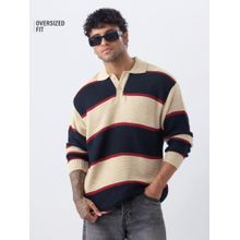 The Souled Store Textured Stripes: Retro Rugby Men Cream Oversized Sweater