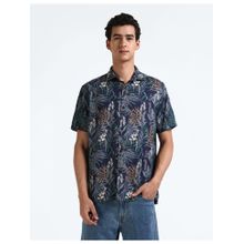 Flying Machine Navy Blue Floral Print Lyocell Shirt
