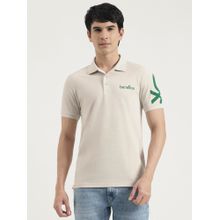 United Colors of Benetton Men Off White Polycotton Printed Collar Neck Polo T-shirt