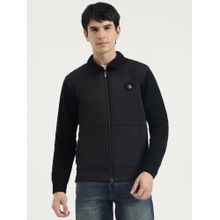 United Colors of Benetton Men Black Polyester Textured Collar Neck Sweatshirt
