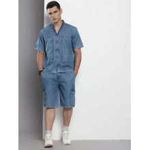 The Indian Garage Co Blue Men's Boxy Fit Solid Denim Shirt and Shots (Set of 2)