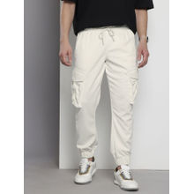 The Indian Garage Co White Men's Relaxed Fit Textured Mid-Rise Knitted Cargo Joggers