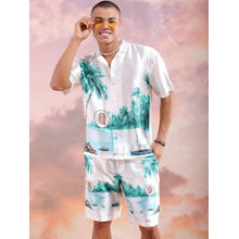 The Indian Garage Co White Men's Regular Fit Tropical Printed Shirt and Shorts (Set of 2)