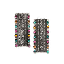 Infuzze Oxidised Silver Toned & Pink Beaded & Textured Rectangular Drop Earrings