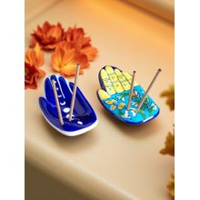 Golden Peacock Handcrafted Blue Pottery Incense Stick Holder (Pack of 2)