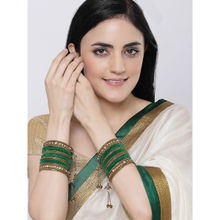 ZENEME Gold-Plated Matte Finish Green Velvet CZ Studded Bangles for Women (Set of 56)